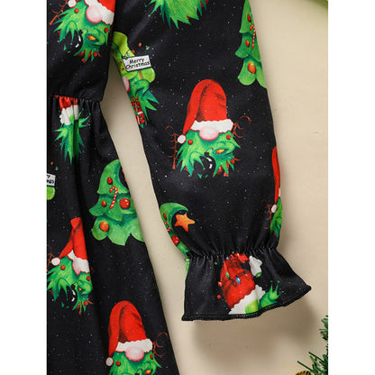 Toddler Kids Baby Girl Christmas Outfits, Long Sleeves Cartoon Prints Party Dress With Heart Print Vest Coat Set