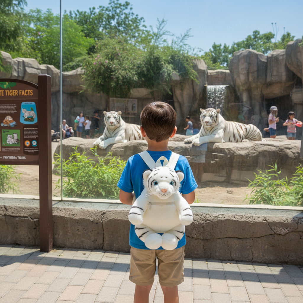 Cartoon animal school bag with white tiger plush face and blue backpack straps