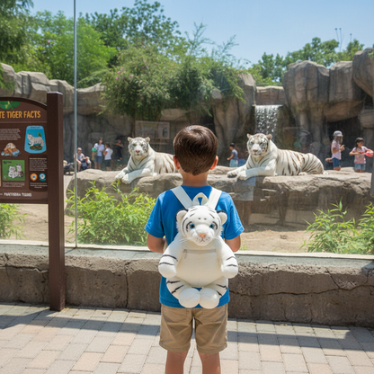 Cartoon animal school bag with white tiger plush face and blue backpack straps
