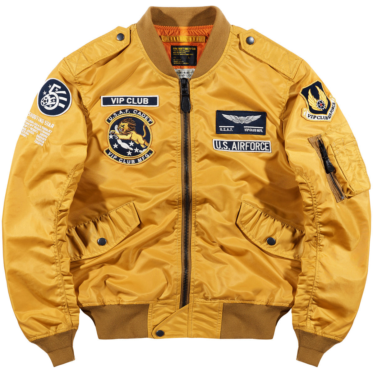 Yellow bomber jacket with front zipper and embroidered U.S. Air Force patches