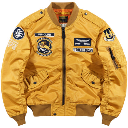 Yellow bomber jacket with front zipper and embroidered U.S. Air Force patches