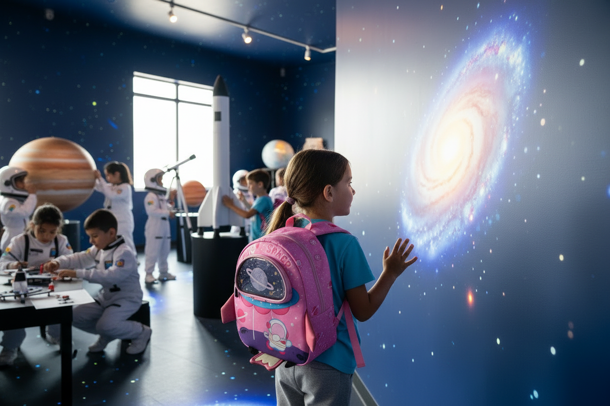 Kids pink astronaut backpack with front planet window and space-print graphic