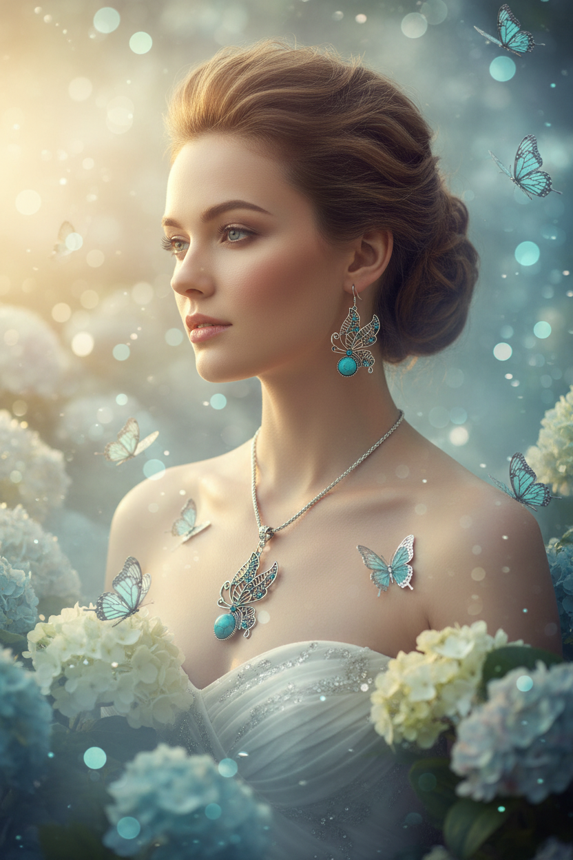 Turquoise butterfly necklace pendant and hollow filigree drop earrings with teal center