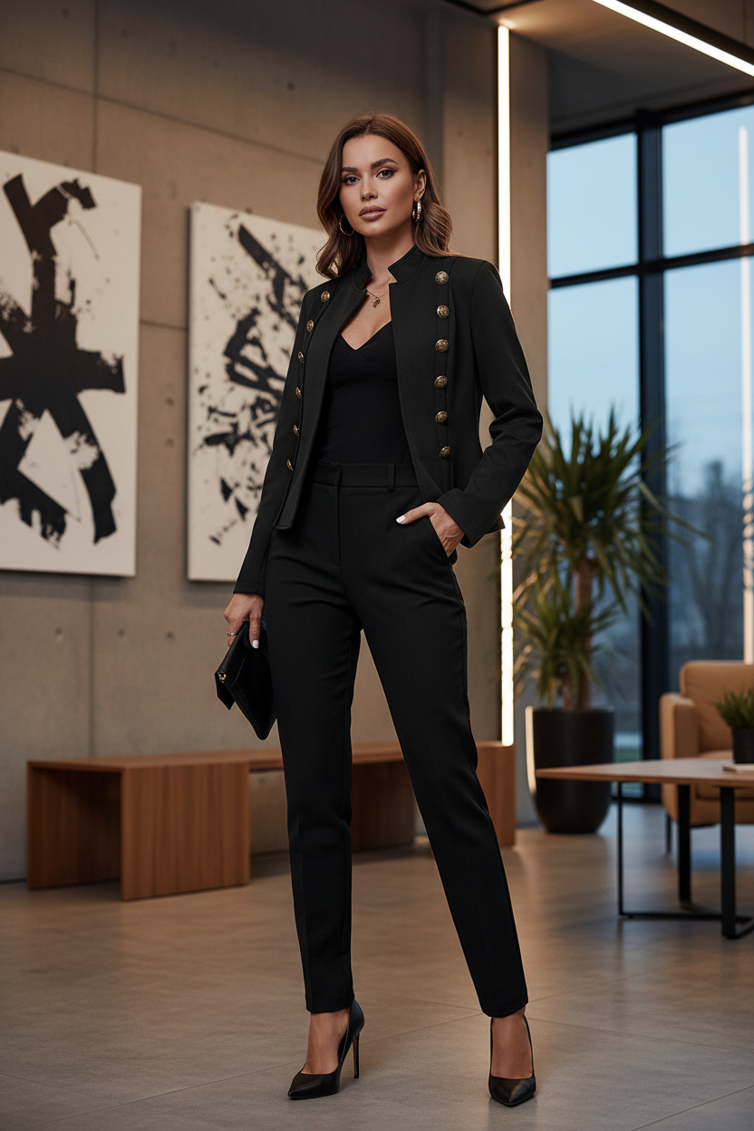 Black faux suede blazer with notch lapels and gold button details, open front