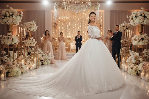 Ivory lace bridal wedding dress with long train, illusion bodice, and full tulle skirt