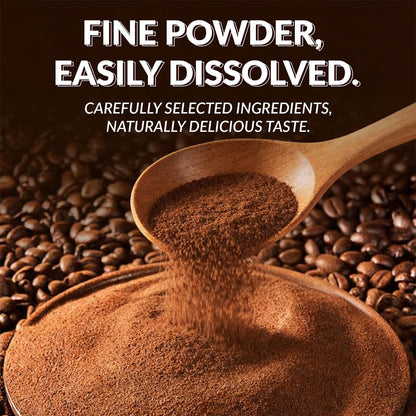 Ground instant coffee powder falling from wooden spoon over coffee beans