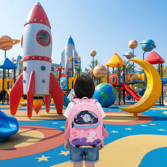 Kids pink astronaut backpack with front planet window and star patch graphics