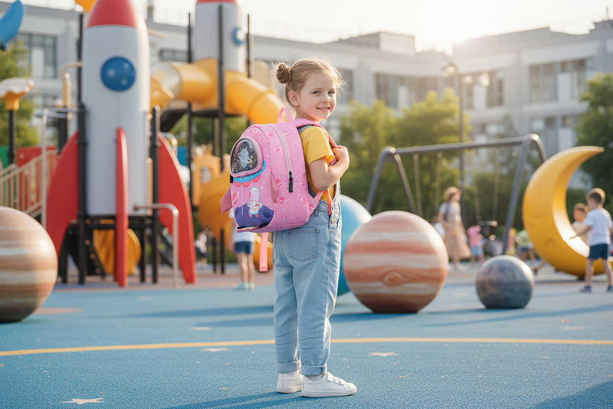 Kids pink astronaut backpack with front pocket and cartoon space graphic