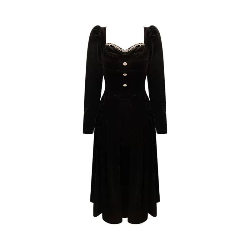 Velvet Dress Slim Fit Slimming French Gold Long Sleeve Dress