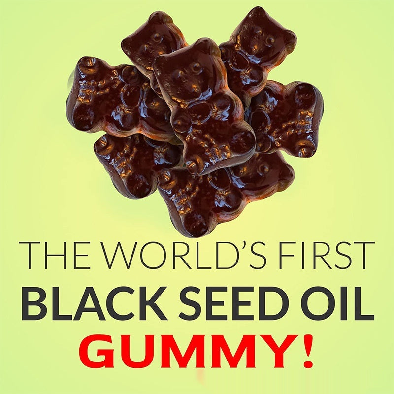 Dark brown black seed oil gummy bears, glossy chewy pieces