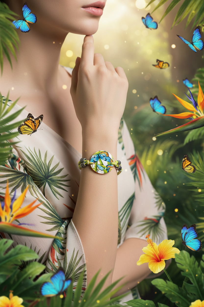 Butterfly shell pendant necklace with matching bracelet featuring blue butterfly charm