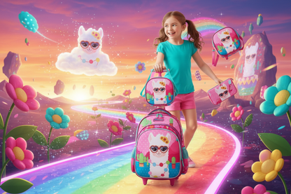 Three-piece trolley school bag set in pink and white with llama graphic and matching pouch