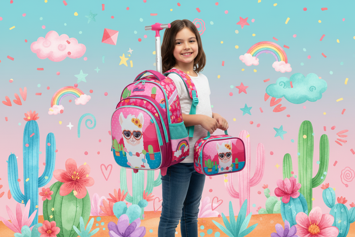 Three-piece trolley school bag set in pink and white with rainbow and cactus graphics