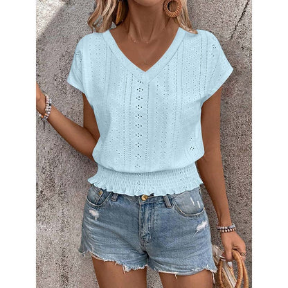 Women Summer Eyelet Top Casual V Neck Short Sleeve Smocked Shirts Loose Tunic Tops Blouses