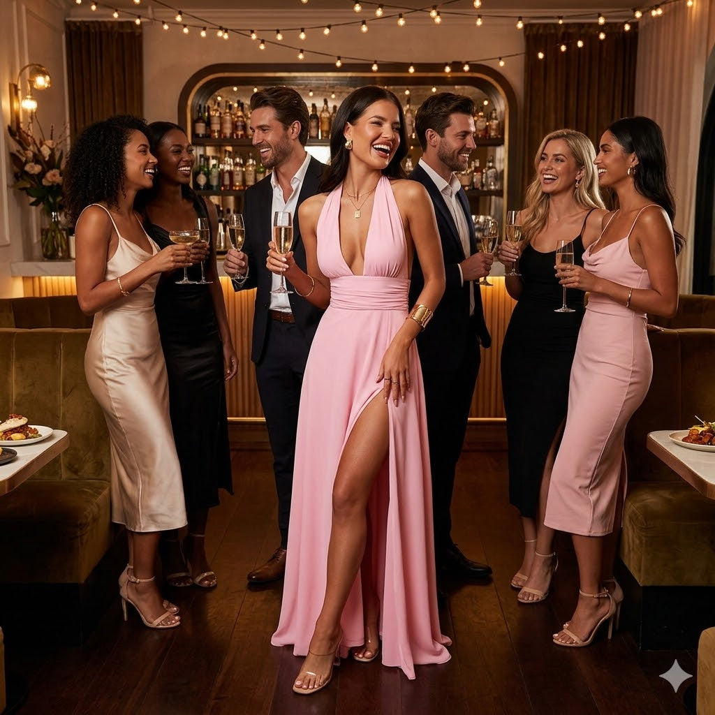 Light pink backless halter V-neck slit dress with sleeveless halter straps