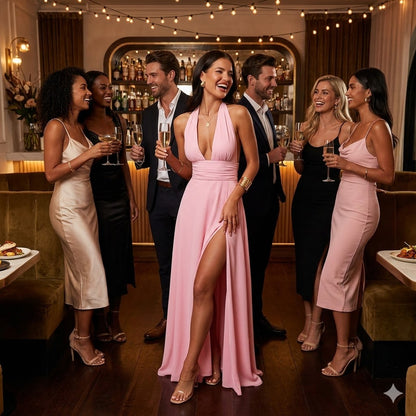 Light pink backless halter V-neck slit dress with sleeveless halter straps