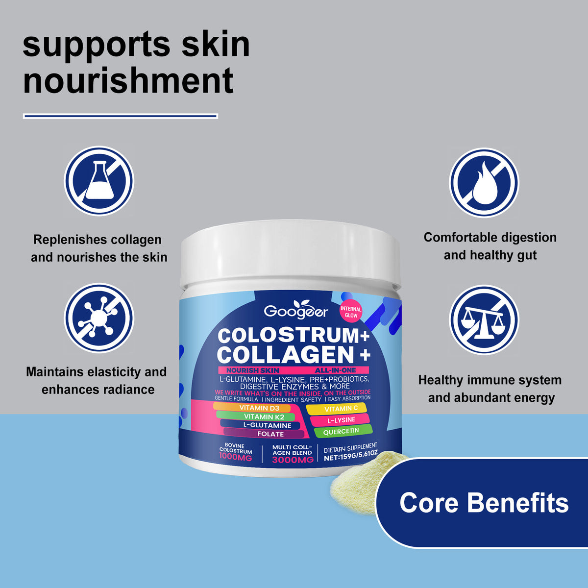Collagen peptide powder jar with blue label and core benefits icons, 159g