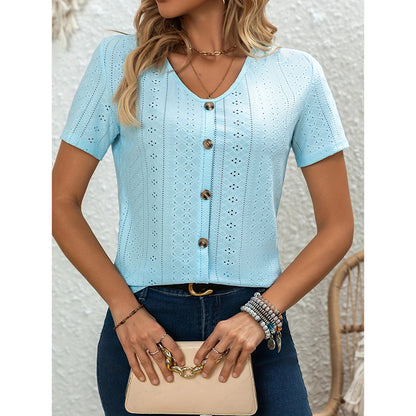 Women's V Neck Short Sleeve Eyelet Tops Summer Casual Loose Fit Button T Shirts