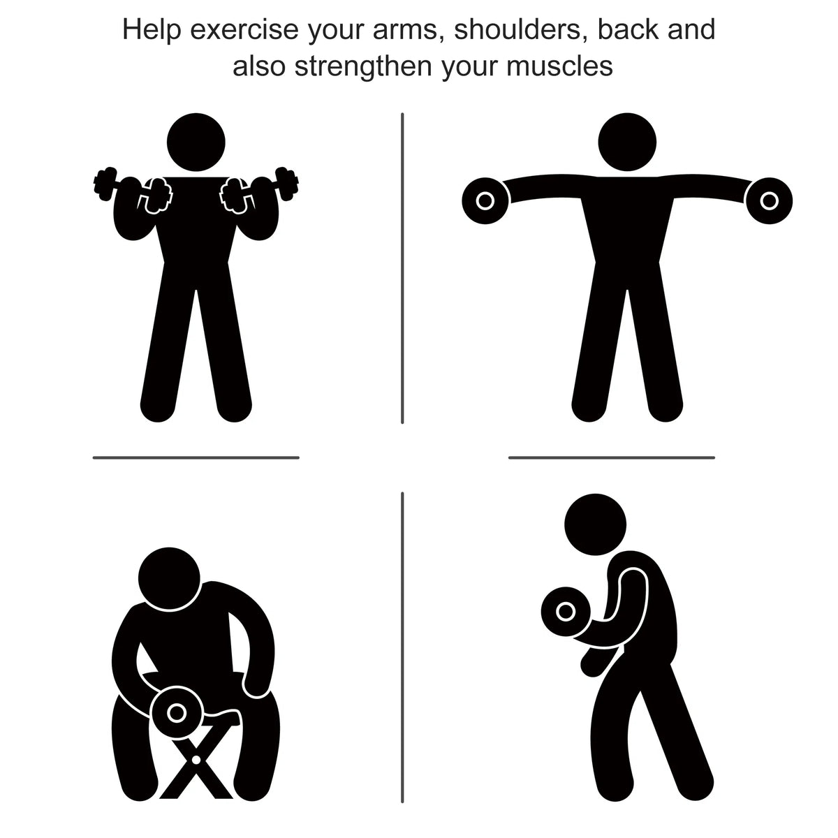 Exercise workout icon set showing arm, back, and shoulder strength moves with dumbbells