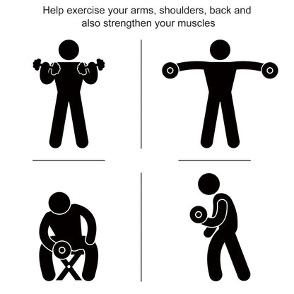 Exercise workout icon set showing arm, back, and shoulder strength moves with dumbbells