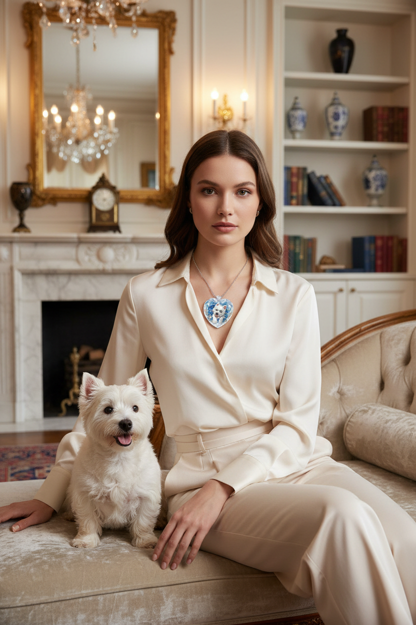 Heart crystal pendant necklace with blue pet portrait on silver chain, worn on neck