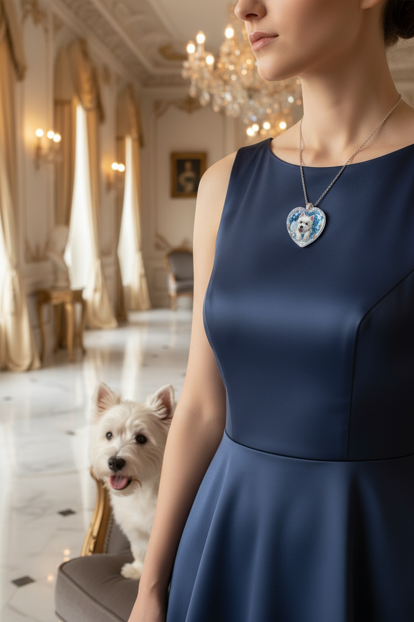 Heart crystal pendant necklace on silver chain, blue heart charm with animal face