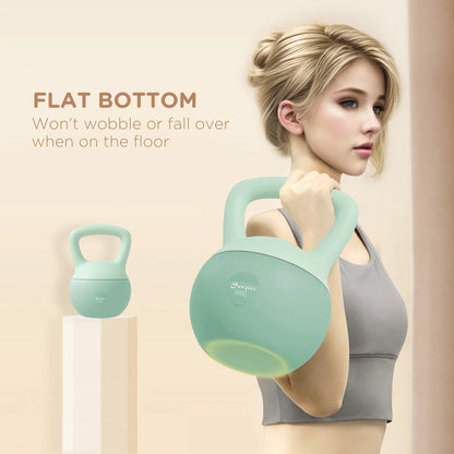 Green soft kettlebell with flat bottom and comfort grip handle