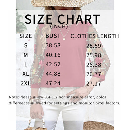 Women's Floral Embroidery Contrast Mesh Puff Sleeve Crew Neck Tee Shirt Tops