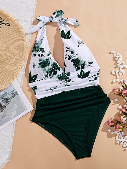 Women's Sexy Three-dimensional Deep V Flower Print Neck Tie One-piece Vacation Wind Swimsuit