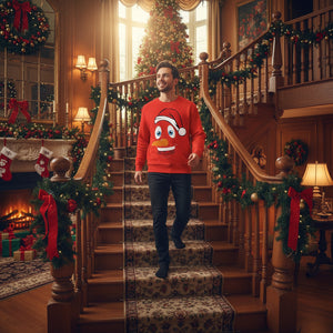 Red Christmas sweater pullover with long sleeves and large cartoon face graphic