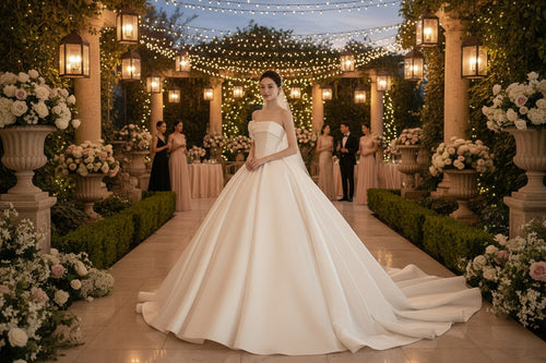 White strapless wedding dress with long flowing train and voluminous A-line skirt