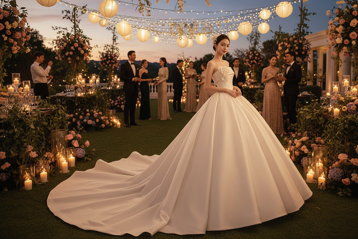 White strapless wedding dress with long flowing train and gathered A-line skirt