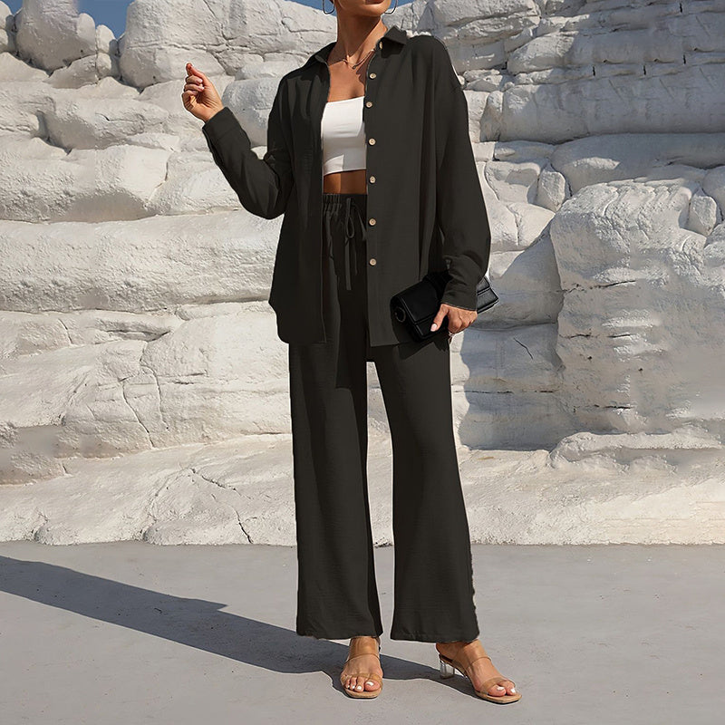 Women's Solid Color Lapel Long Sleeve Pants Set - Button-Up Casual Two-Piece Outfit With Drawstring Waist Lounge Wear