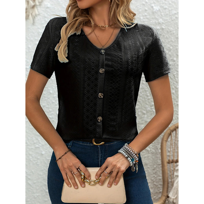 Women's V Neck Short Sleeve Eyelet Tops Summer Casual Loose Fit Button T Shirts