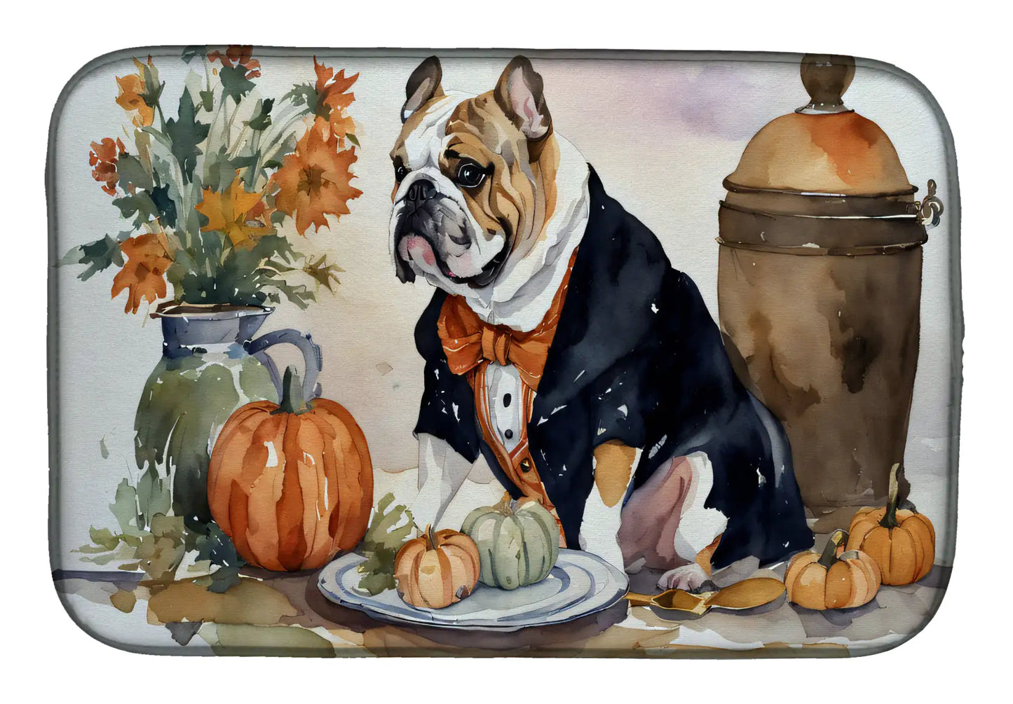 English Bulldog Fall Kitchen Pumpkins Dish Drying Mat