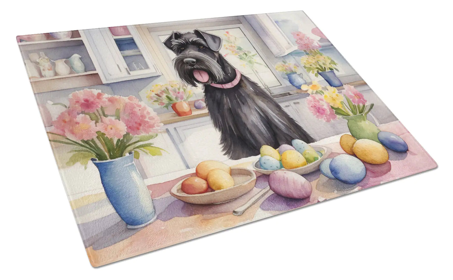 Decorating Easter Giant Schnauzer Glass Cutting Board