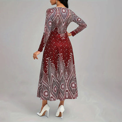 Women's Plus Size Elegant V-Neck Long Sleeve A-Line With Starry Sky Print, Slim-Fit Flowy Maxi Dress