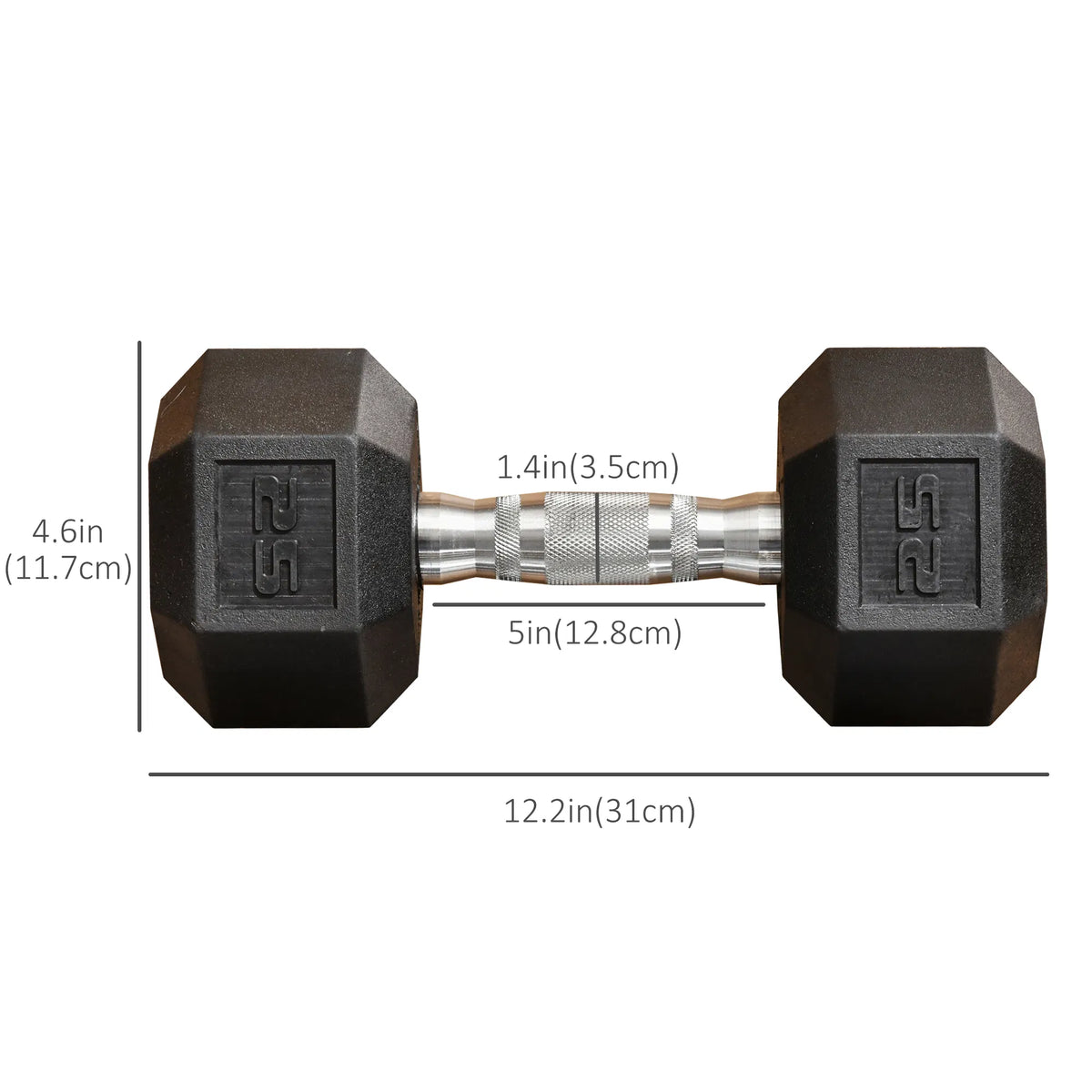 Pair of black rubber hex dumbbells with knurled steel handle, size dimensions shown