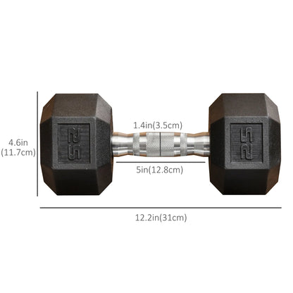 Pair of black rubber hex dumbbells with knurled steel handle, size dimensions shown