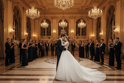 Sparkly white long-sleeve wedding dress with fitted bodice and trailing full skirt.