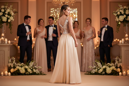 Champagne sleeveless V-neck dress, backless style with beaded straps and long skirt