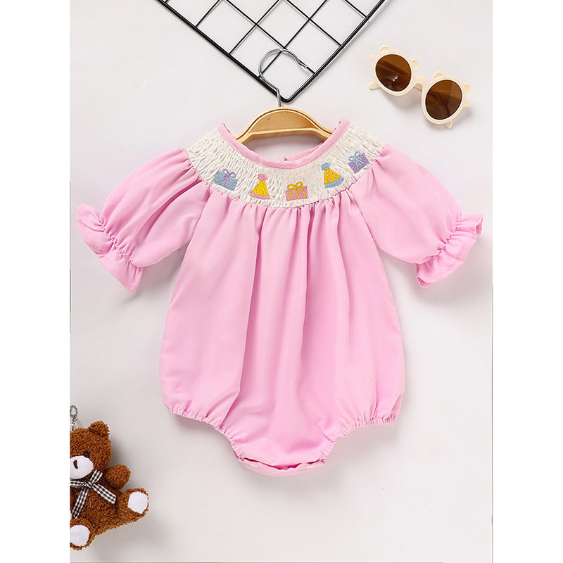 Infant Girls' Cute Birthday Smocked Bubble Romper Short Sleeves Crew Neck Cartoon Embroidery Princess Party Bodysuit