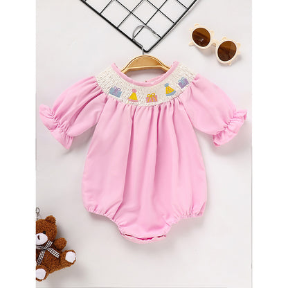 Infant Girls' Cute Birthday Smocked Bubble Romper Short Sleeves Crew Neck Cartoon Embroidery Princess Party Bodysuit