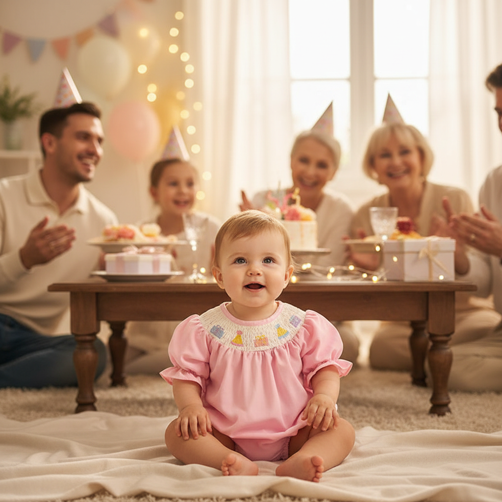 Infant Girls' Cute Birthday Smocked Bubble Romper Short Sleeves Crew Neck Cartoon Embroidery Princess Party Bodysuit