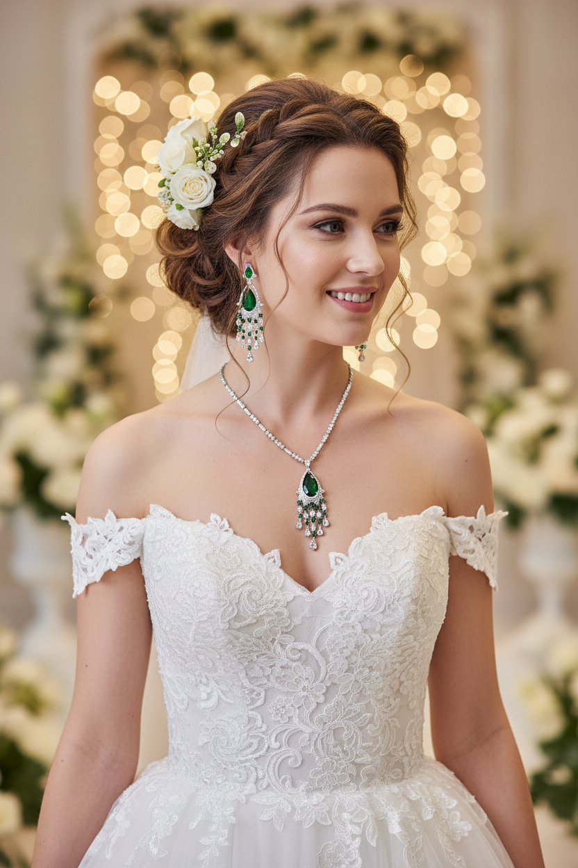 Green teardrop zircon pendant necklace with matching chandelier tassel earrings