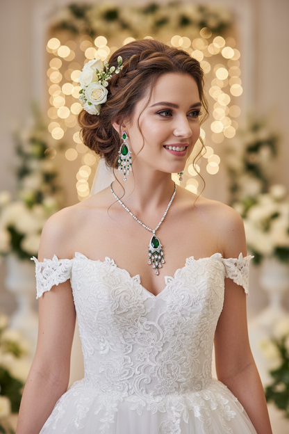 Green teardrop zircon pendant necklace with matching chandelier tassel earrings