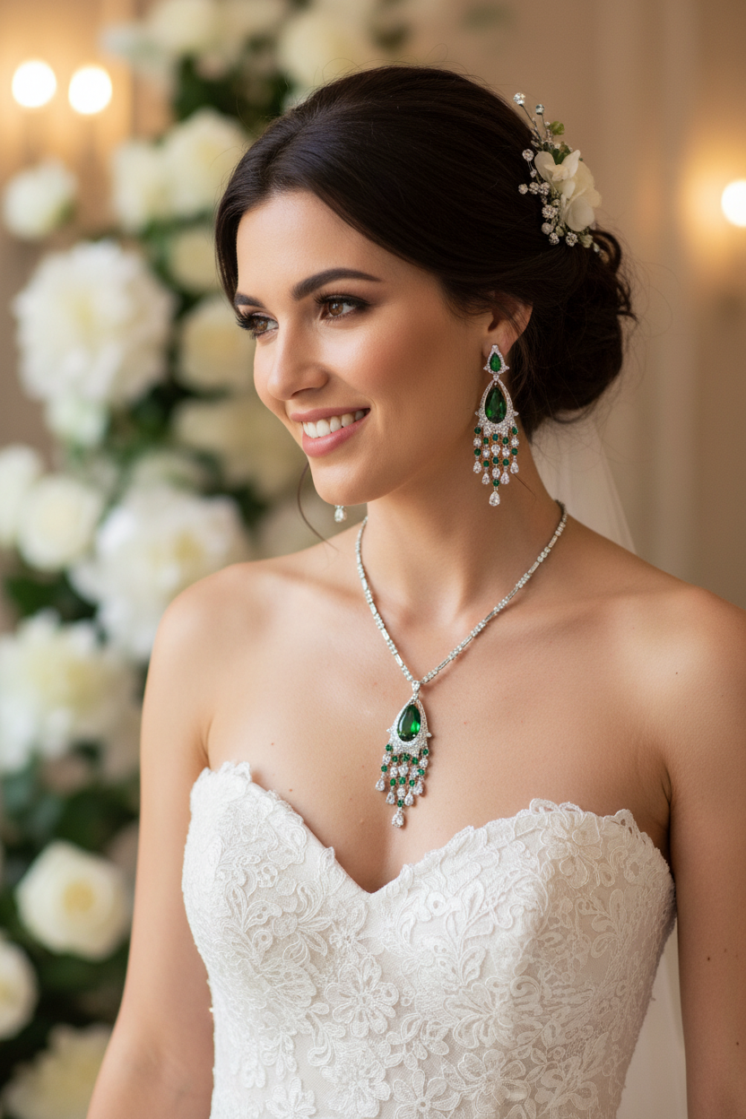 Green teardrop zircon necklace with matching tassel earrings for bridal wear