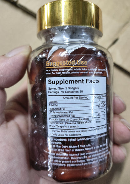Pumpkin seed oil soft capsules bottle, supplement facts panel visible