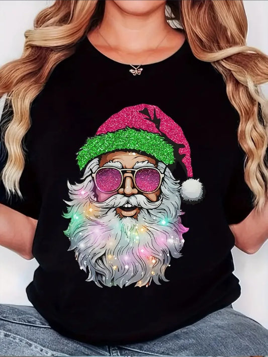 Women's Festive Santa Claus Graphic Tee - Comfy, Crew Neck, Short Sleeve Casual Shirt For Christmas Attire