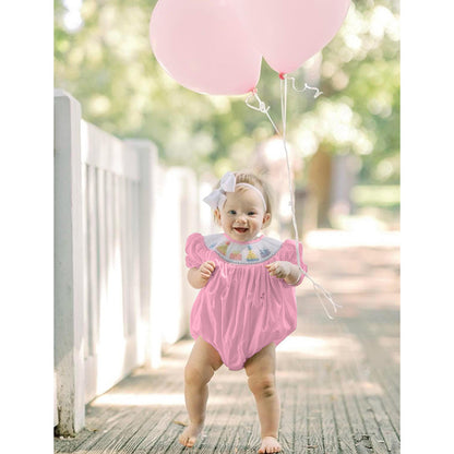 Infant Girls' Cute Birthday Smocked Bubble Romper Short Sleeves Crew Neck Cartoon Embroidery Princess Party Bodysuit